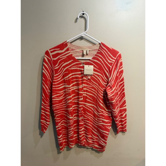 Madison Sweaters - Madison Womens Coral Zebra Print Cardigan V-Neck 3/4 Sleeve‎ Sweater Size M NEW